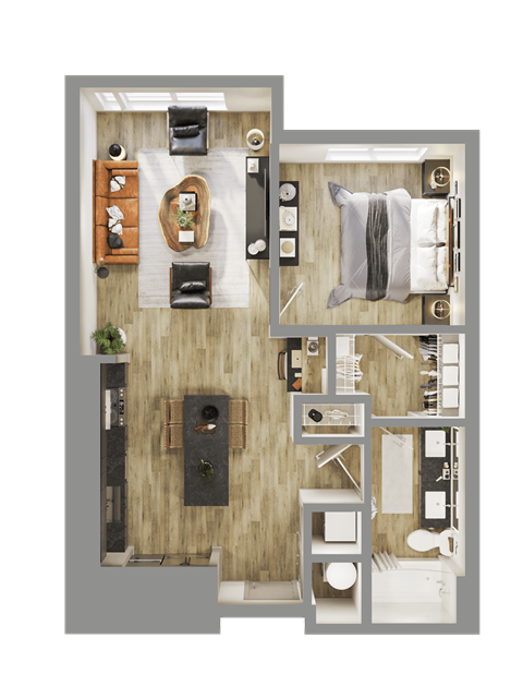Floor plan for 1 bed, 1 bath, 721 sqft